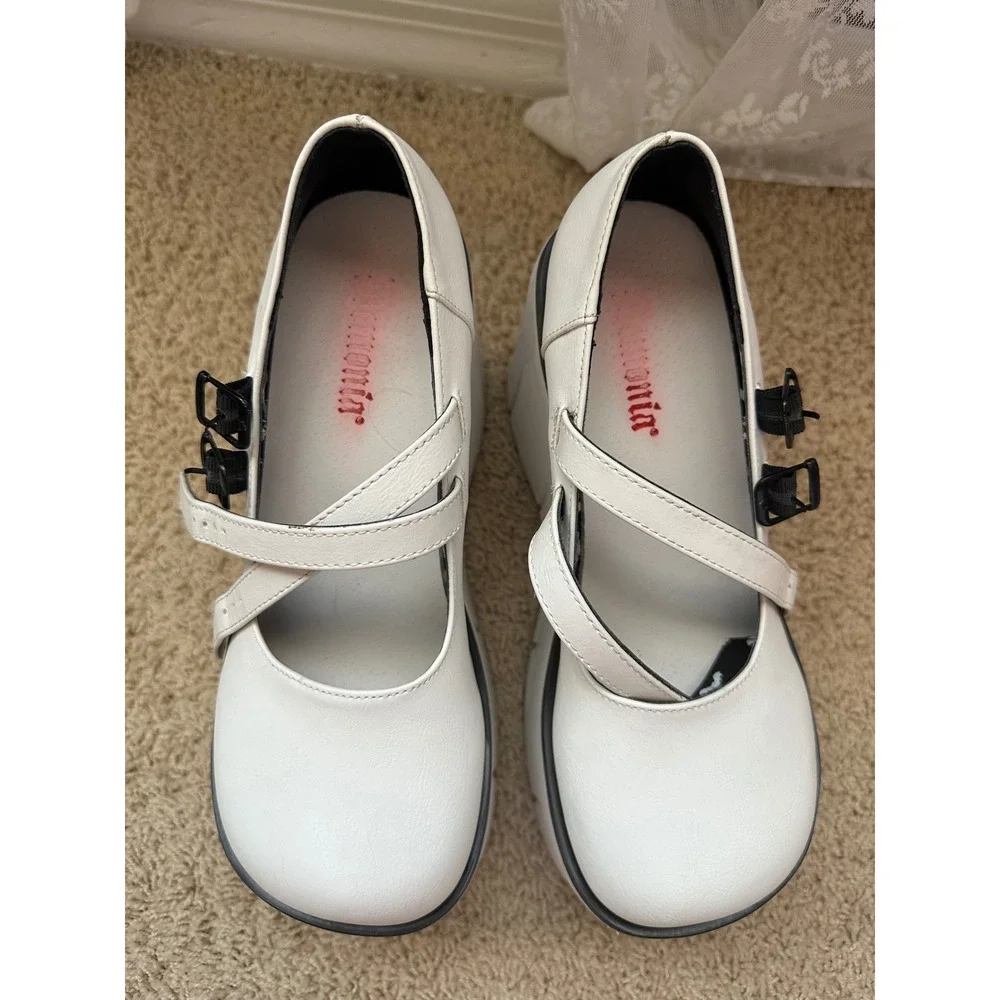 Demonia Kera-08 White Platform Mary Jane Wedge Bat Print Goth Shoes Womens 8